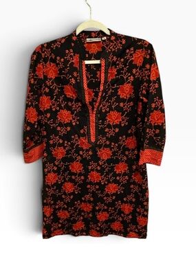 Westside Black Red Floral Cotton Kurta Tunic Top Boho India V Neck Sz S